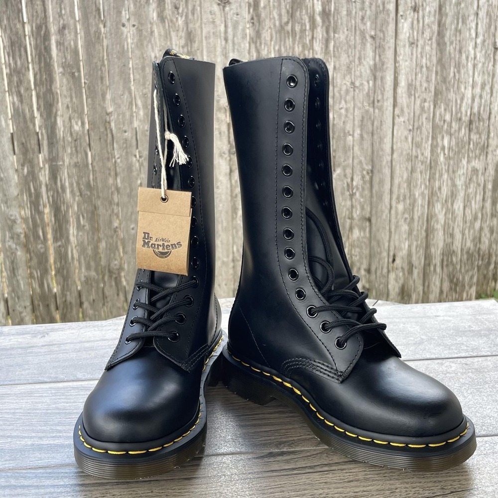 Dr. Martens 1914 14-Eye Boot Women 5 Black Smooth Leather Tall Lace Combat NEW